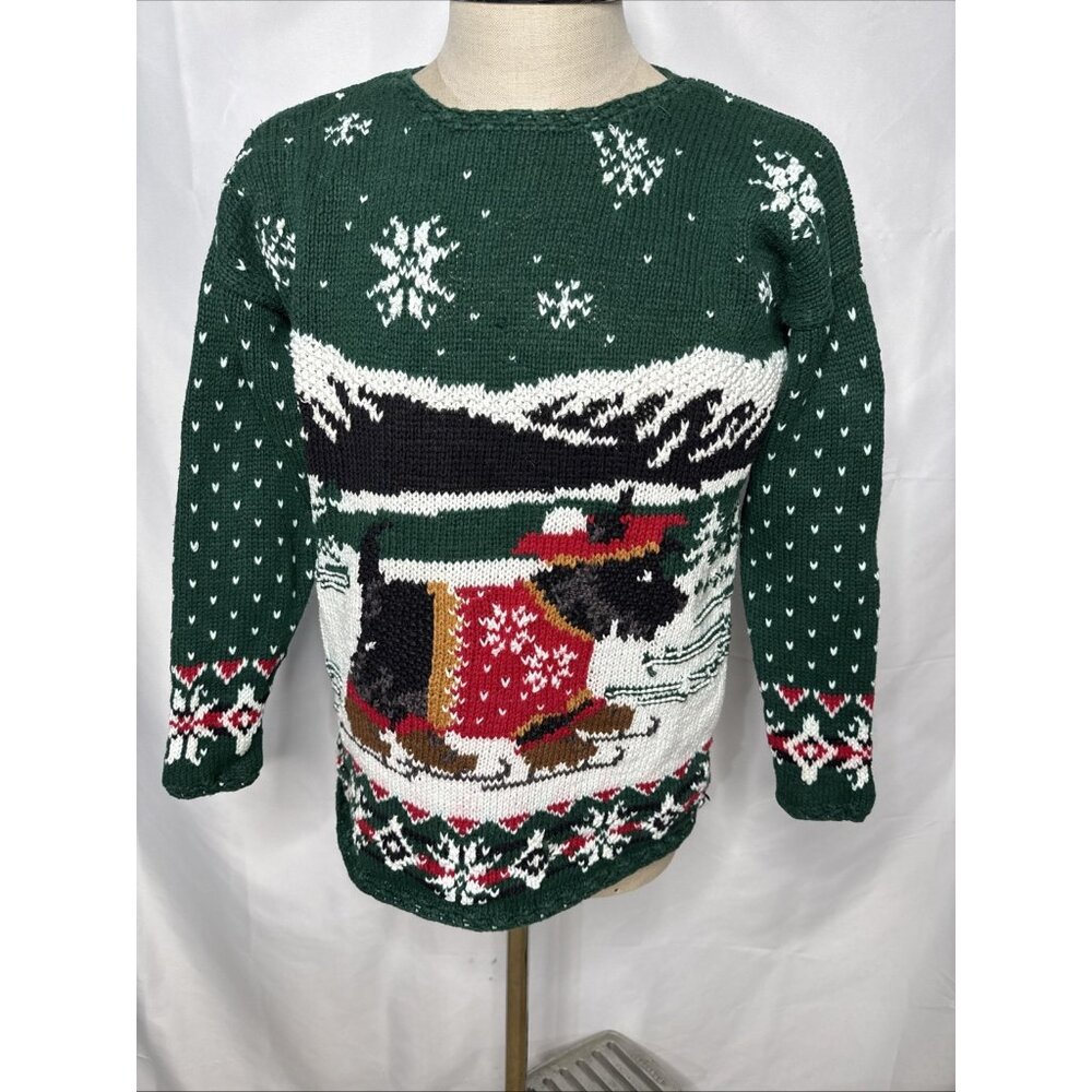 Vintage Heirloom Collectibles Sweater Scottie Dog Skating Ski Snow M Green Knit